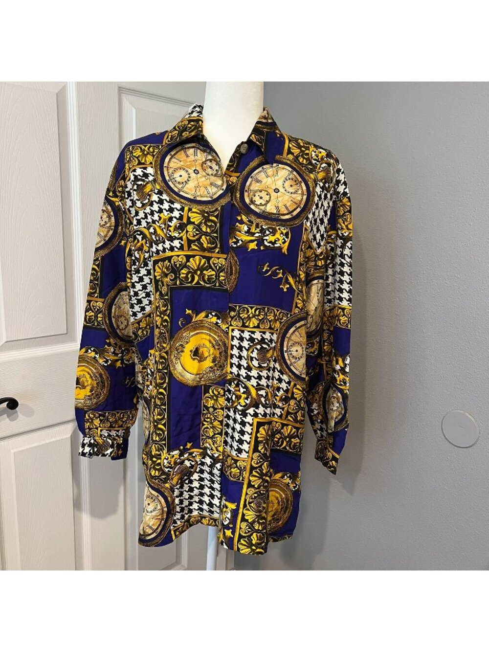 Vintage Silk Oversized Print Button Front Blouse Size XS